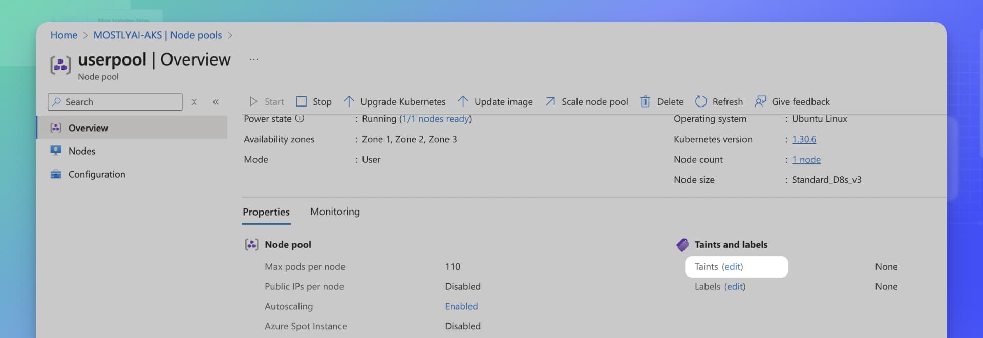Deploy MOSTLY AI to Azure AKS - Edit taints